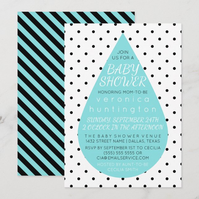 Stor regndroppe & Polka dots Blue Baby Shower Inbjudningar (Fram/baksida)
