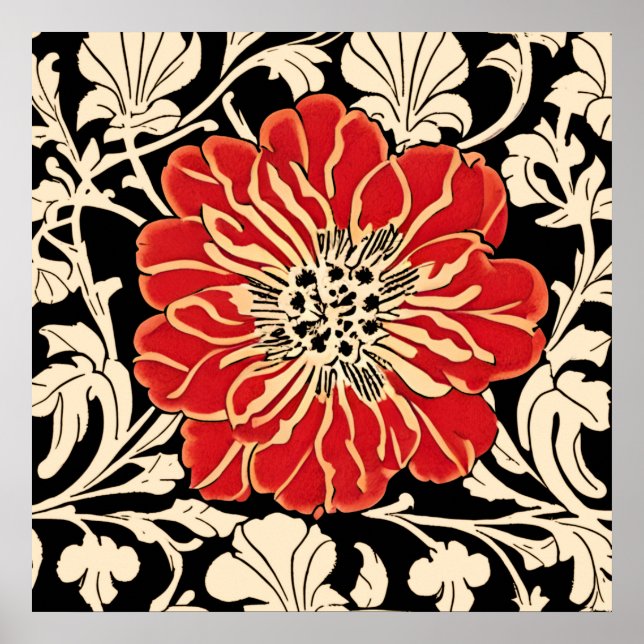 Stor röd Art nouveau blomma Poster (Framsidan)