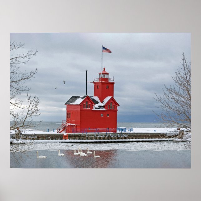 Stor röd Michigan fyr med svanar Poster (Framsidan)