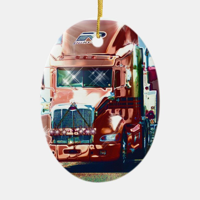 Stor röd skurkrolllastbil för lastbilsförare & julgransprydnad keramik (Framsidan)