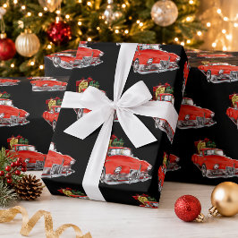 Stor röd vintagebil, presenter & tomte jul presentpapper