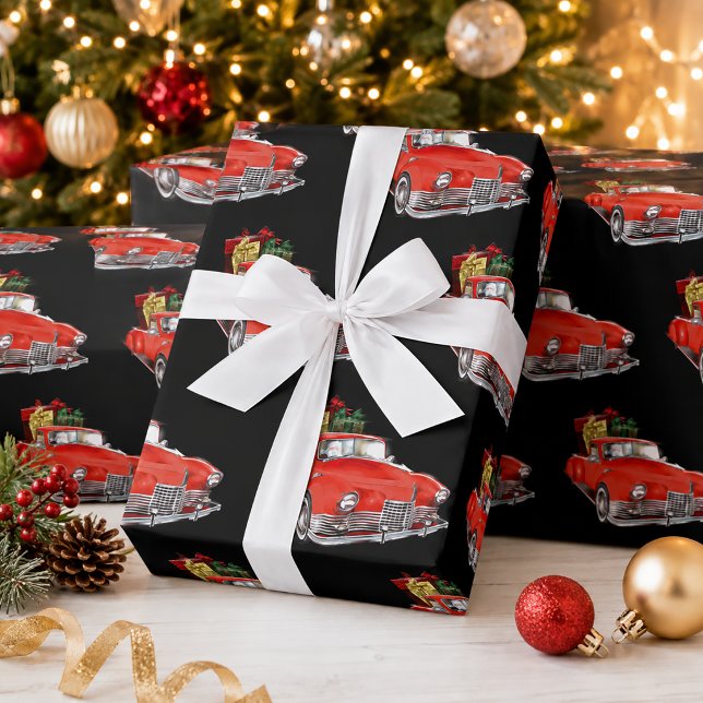 Stor röd vintagebil, presenter & tomte jul presentpapper (Skapare uppladdad)