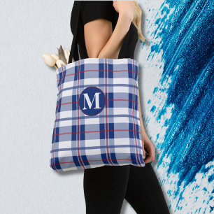 Stor, röd, vit och blå monogramyta tygkasse