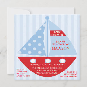 Stor rödblå SAILBOAT Boy Baby Shower Inbjudningar