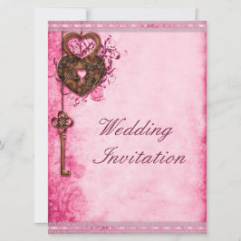 Stor Romantic Hearts Lock och Nyckel Rosa Bröllop Inbjudningar