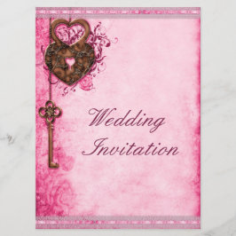 Stor Romantic Hearts Lock och Nyckel Rosa Bröllop Inbjudningar