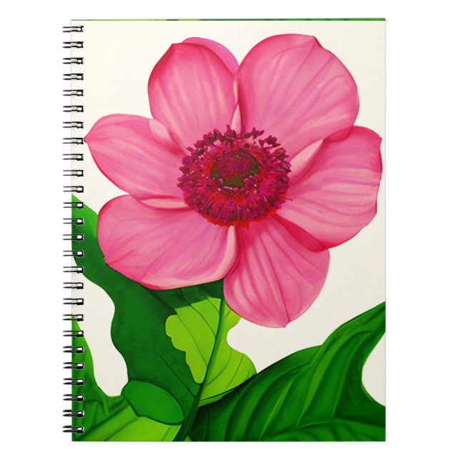 Stor Rosa Anemone med Emerald Grönt Löv Anteckningsbok (Framsidan)
