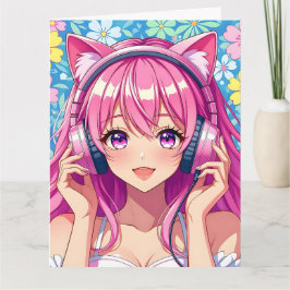 Stor Rosa Anime Girl med hörlurar på födelsedagen Kort