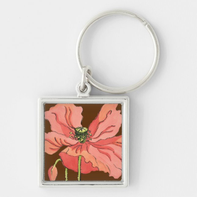 Stor Rosa blomma med djup röd bakgrund Fyrkantig Silverfärgad Nyckelring (Framsidan)
