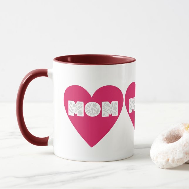 Stor rosa hjärta MOM Blommig typografi kaffemugg (Med munk)