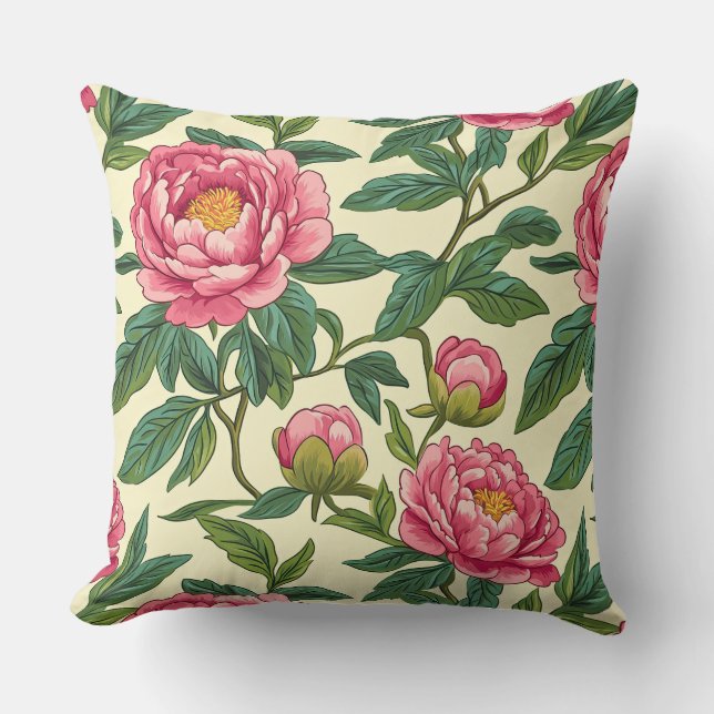 Stor Rosa och Grönt Chinoiserie Peony Blommigt Kudde (Framsida)