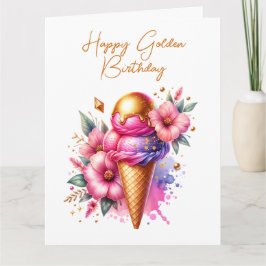 Stor Rosa och Guld Ice Cream Golden Birthday Kort