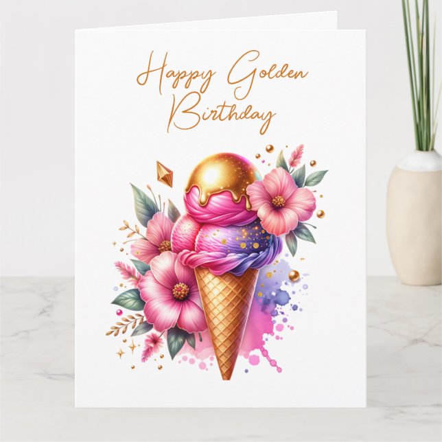 Stor Rosa och Guld Ice Cream Golden Birthday Kort (Framsida)