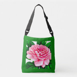 Stor Rosa Peony med Emerald Grönt Löv Axelväska