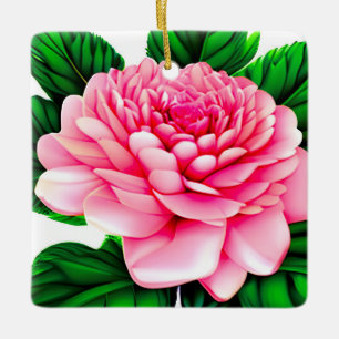 Stor Rosa Peony med Emerald Grönt Löv Julgransprydnad Keramik