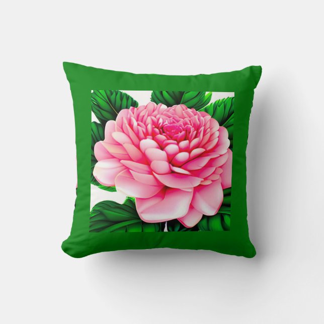 Stor Rosa Peony med Emerald Grönt Löv Kudde (Framsida)