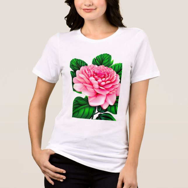 Stor Rosa Peony med Emerald Grönt Löv T Shirt (Framsida)