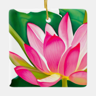 Stor Rosa Vatten Lily med Emerald Grönt Löv Julgransprydnad Keramik