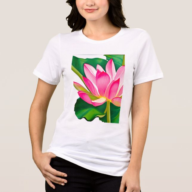 Stor Rosa Vatten Lily med Emerald Grönt Löv T Shirt (Framsida)