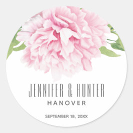 Stor Rosa Watercolor Peony-Blommigt | Sticker Runt Klistermärke