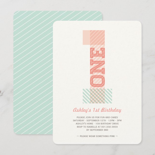 Stor siffra 1-ränder Babyflicka 1-års födelsedagsf Inbjudningar (Fram/baksida)