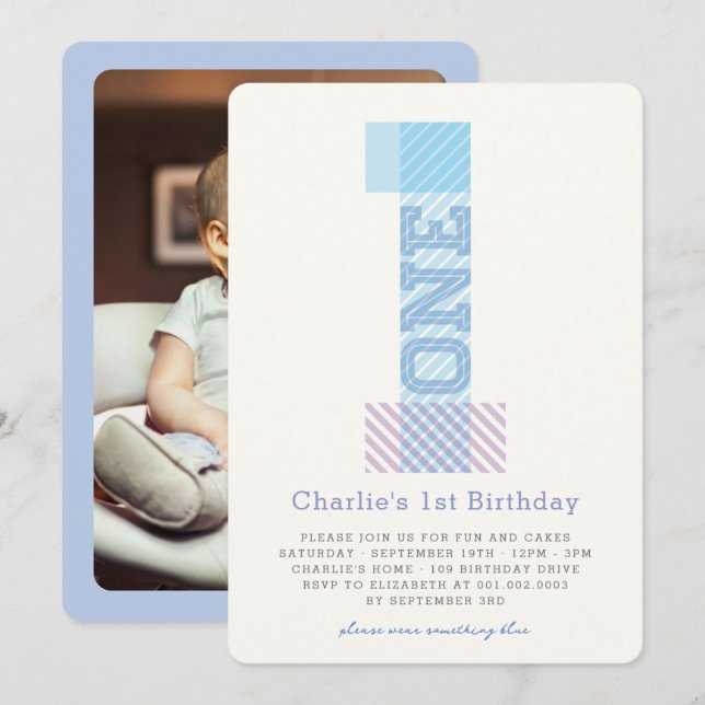 Stor siffra 1-ränder Babypojke 1-årsfest Inbjudningar (Fram/baksida)