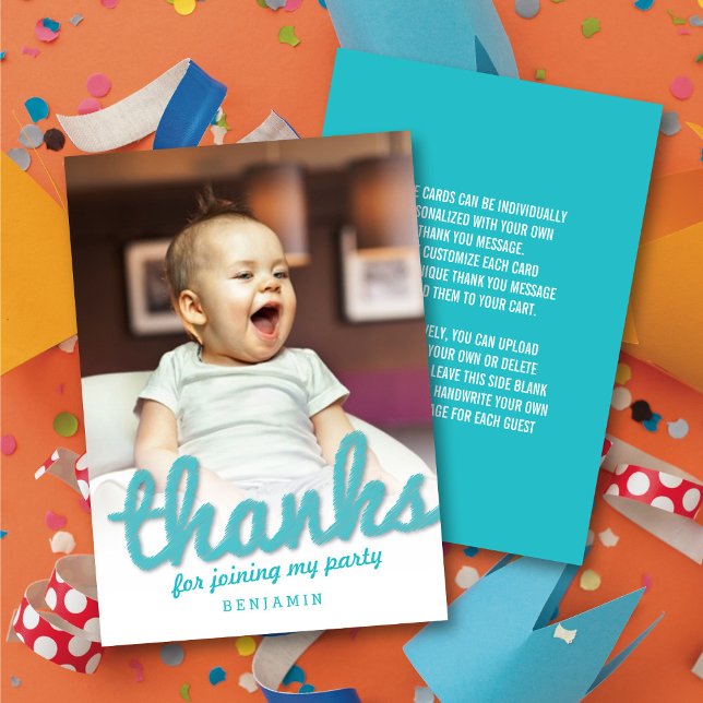 Stor Sketch Tack Djärv Script Barn Födelsedagsfoto Kort (Big Sketch Blue 'Thanks' Bold Script Kid's Birthday Photo Thank You Note Card @zazzle.com/fat_fa_tin)