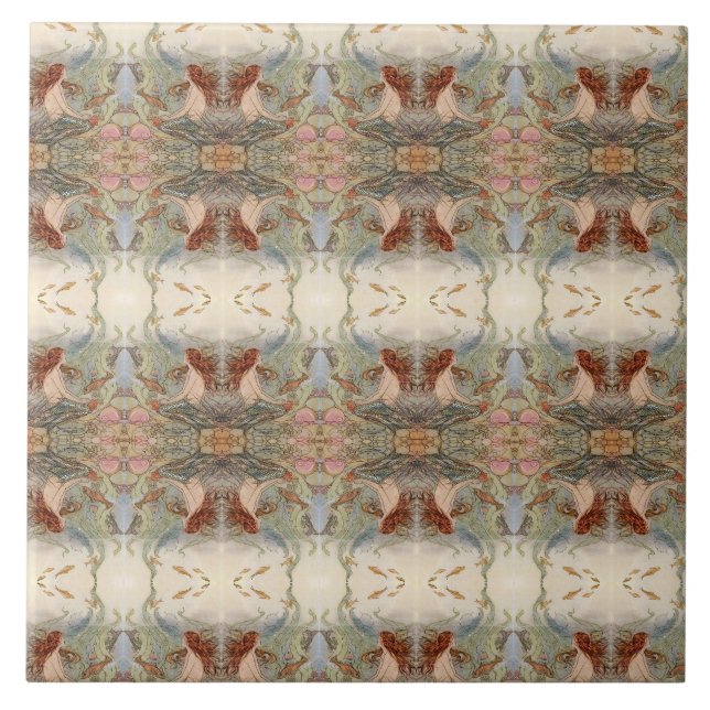 Stor spegel avbildad sjöjungfru kakelplatta (Framsidan)