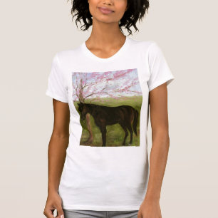 Stor svart häst och ett körsbärsrött träd tee shirt
