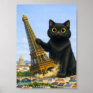 Stor svart katt välter Eiffeltornet och tänker på Poster