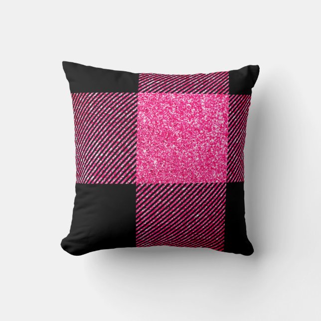 Stor svart och falsk het rosa glitterbuffelrutig kudde (Framsida)