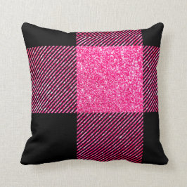Stor svart och falsk het rosa glitterbuffelrutig kudde