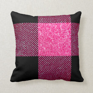 Stor svart och falsk het rosa glitterbuffelrutig kudde
