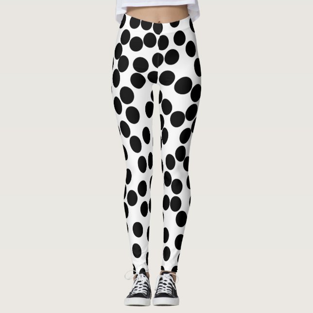 stor svart slumpmässig polka dots på vitdamasker leggings (Framsida)