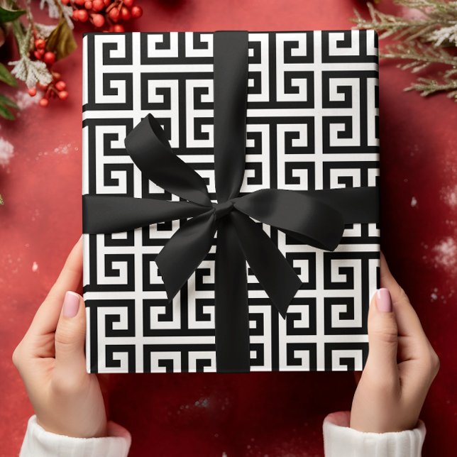 Stor svart-vit grekisk nyckel-mönster presentpapper (Large Black and White Greek Key Pattern Wrapping Paper)