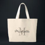 Stor svart-vit namn monogram jumbo tote bags jumbo tygkasse<br><div class="desc">Stora svarta och vita namn monogram jumbo tote bags. Storslagna extra för bokar, livsmedel och mycket annat. Utformning av logotypen i elegant med vackra brev initialer i monogrammet. Cute personlig-presentidé för brud, blomflickor, maid of honor och brudar vid bröllopsfesten. Klassskripttypografi med chicens bakgrund brev. Även underbar för möhippa, flickor helg...</div>