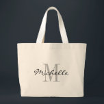 Stor svart-vit namn monogram jumbo tote bags jumbo tygkasse<br><div class="desc">Stora svarta och vita namn monogram jumbo tote bags. Storslagna extra för bokar, livsmedel och mycket annat. Utformning av logotypen i elegant med vackra brev initialer i monogrammet. Cute personlig-presentidé för brud, blomflickor, maid of honor och brudar vid bröllopsfesten. Klassskripttypografi med chicens bakgrund brev. Även underbar för möhippa, flickor helg...</div>