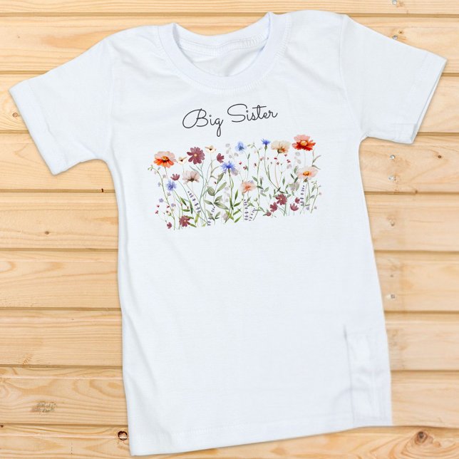 Stor syster Akvarell Färgrik vildblomsäng T Shirt (Flatlay)