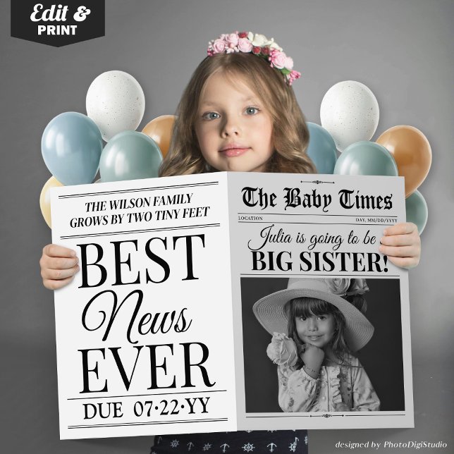 Stor syster Bebis Annonsering Tidningskort Kort (Big Sister Baby Announcement Newspaper Card)