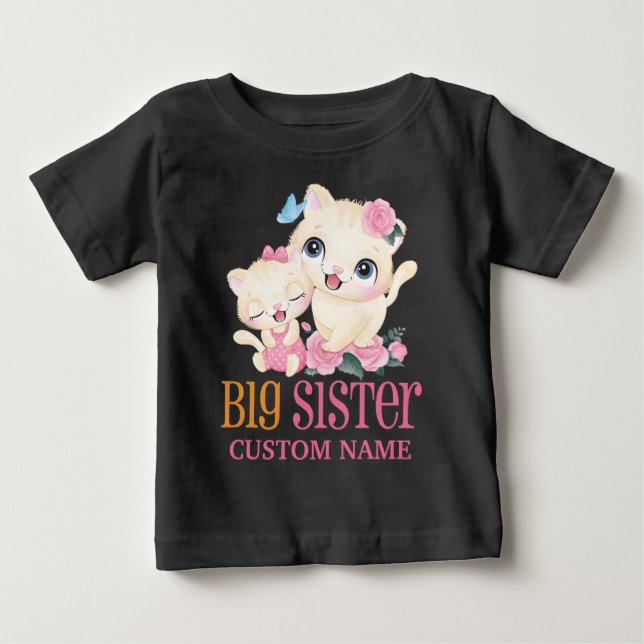 Stor syster färgglad monogram och söta katter t shirt (Framsida)