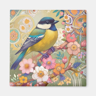 Stor Talgoxe Chickadee Fågel Färgrik Blomma Blommo Magnet