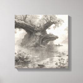 Stor Träd Forest & Sjö Pencil Sketch Art Canvastryck
