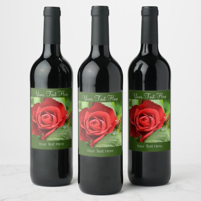 Stor vacker röd ros blomma vinflaska etikett (Flaskor)