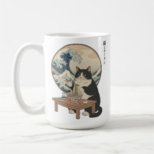 Stor våg Japansk katt äter Ramen Rolig Konst Kaffemugg