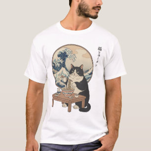 Stor våg Japansk katt som äter Ramen Rolig konst T Shirt