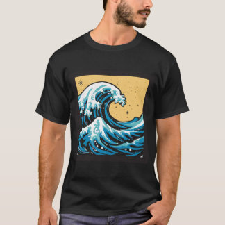 Stor våg under en gul himmel. Vektorgrafik. T Shirt