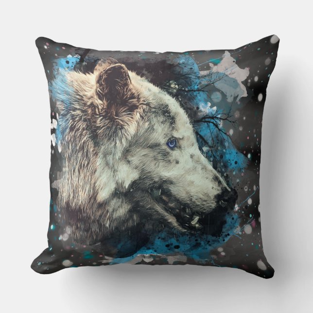 *~* Stor Varg Totem Blue Abstrakt Polyester Boho Kudde (Framsida)