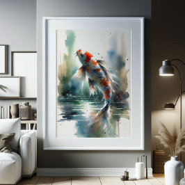 Stor vattenfärgsfärgning Färgfull Koi Fish Art Poster
