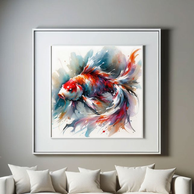 Stor vattenfärgsfärgning Färgfull Koi Fish Art Poster (Koi fish watercolor art print features a vibrant and color painting in shades of red, blue and green)