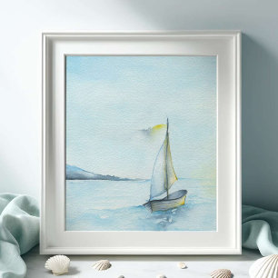 Stor vattenfärgssegelbåt och oceankonst poster